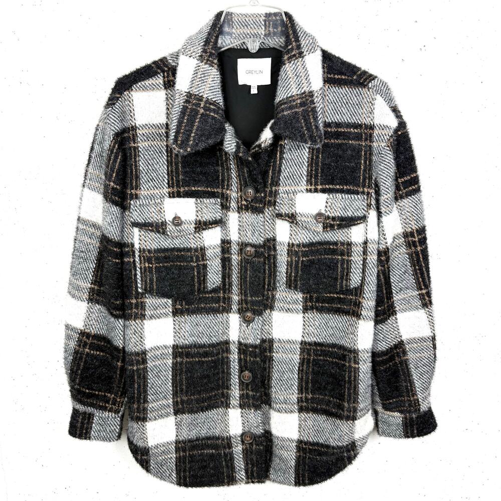 Greylin Womens Eyelash Knit Plaid Shacket Top Black White Button Down Size Small